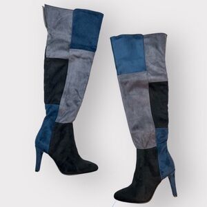 Patchwork Knee-High Boots - Blue and Black